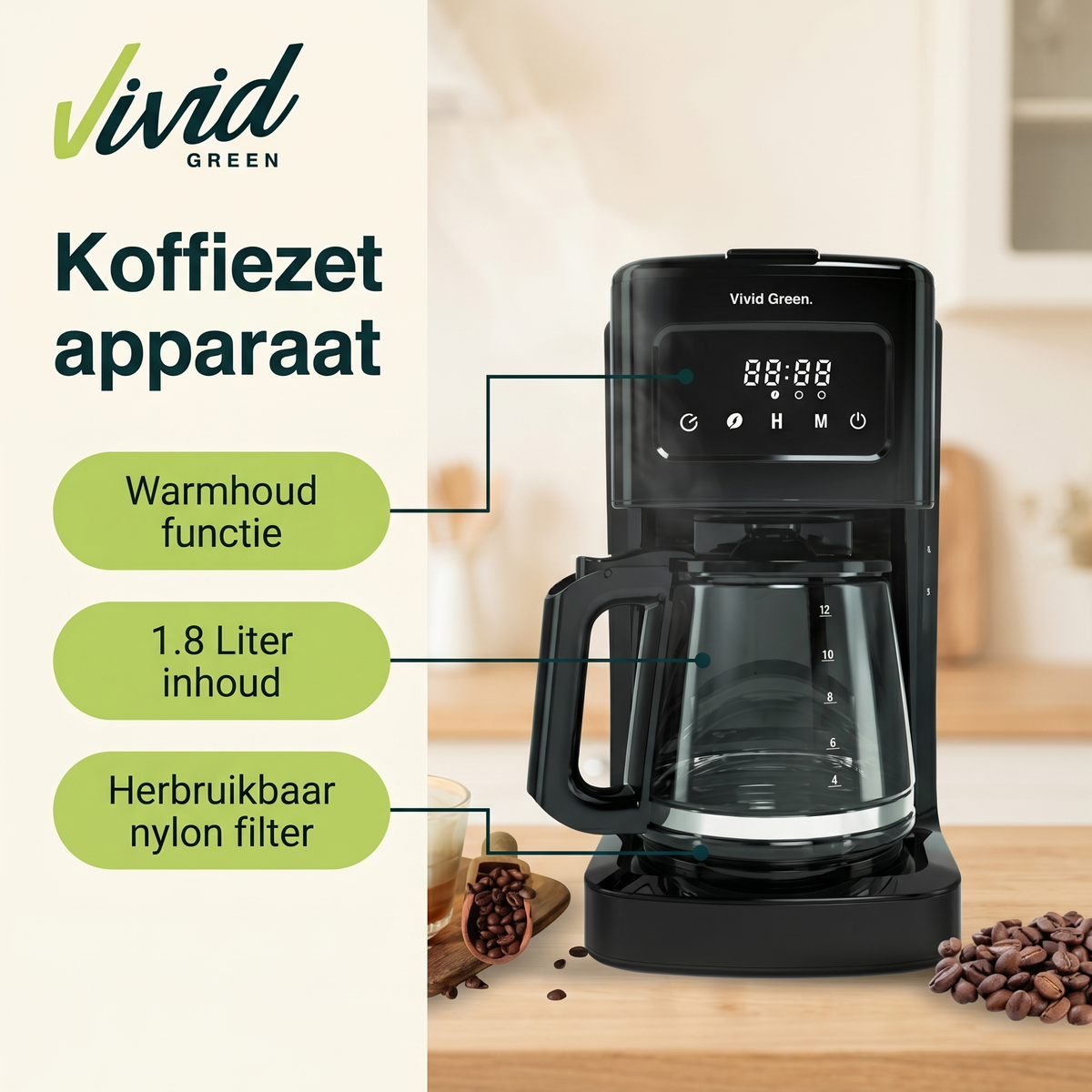 Vivid Green Kaffeemaschine 1,8L mit Display und Timer