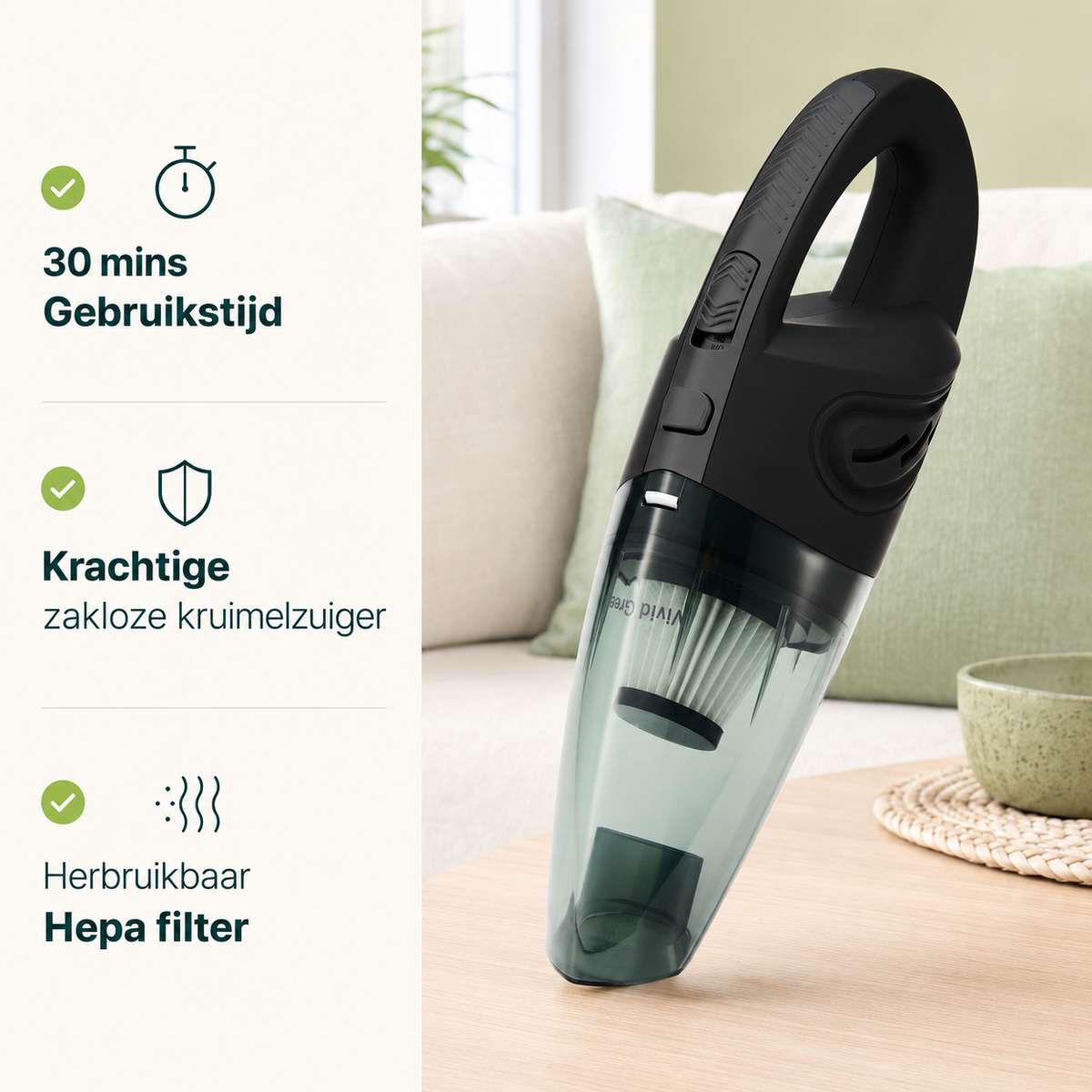 Vivid Green Akku-Handstaubsauger 5 Aufsätze - Schwarz