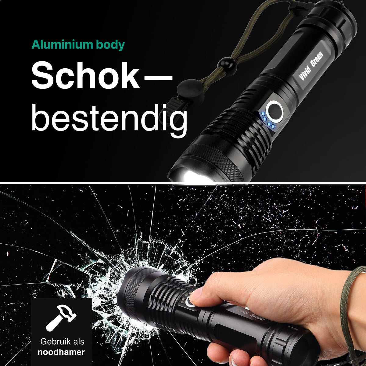 Vivid Green Taschenlampe 5000mAh Wiederaufladbar - 2500 Lumen - Schwarz