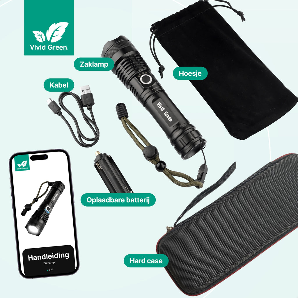 Vivid Green Taschenlampe 5000mAh Wiederaufladbar - 2500 Lumen - Schwarz