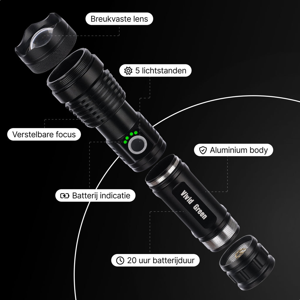 Vivid Green Taschenlampe 5000mAh Wiederaufladbar - 2500 Lumen - Schwarz