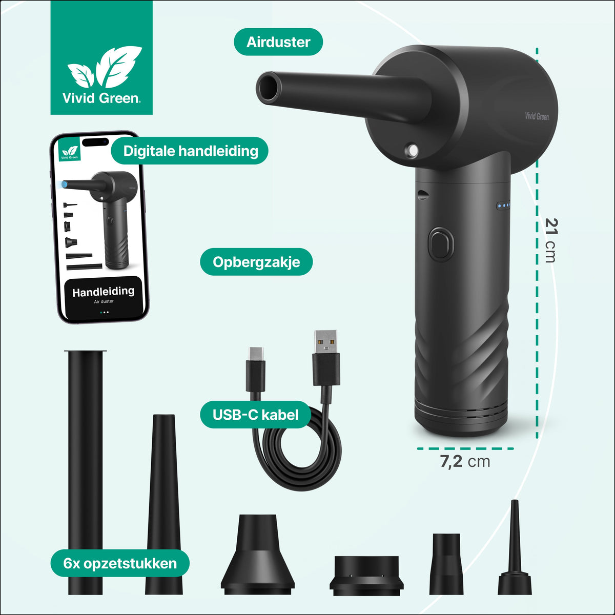 Vivid Green Druckluftspray - 50.000 U/min - Kabellos und wiederaufladbar - Schwarz