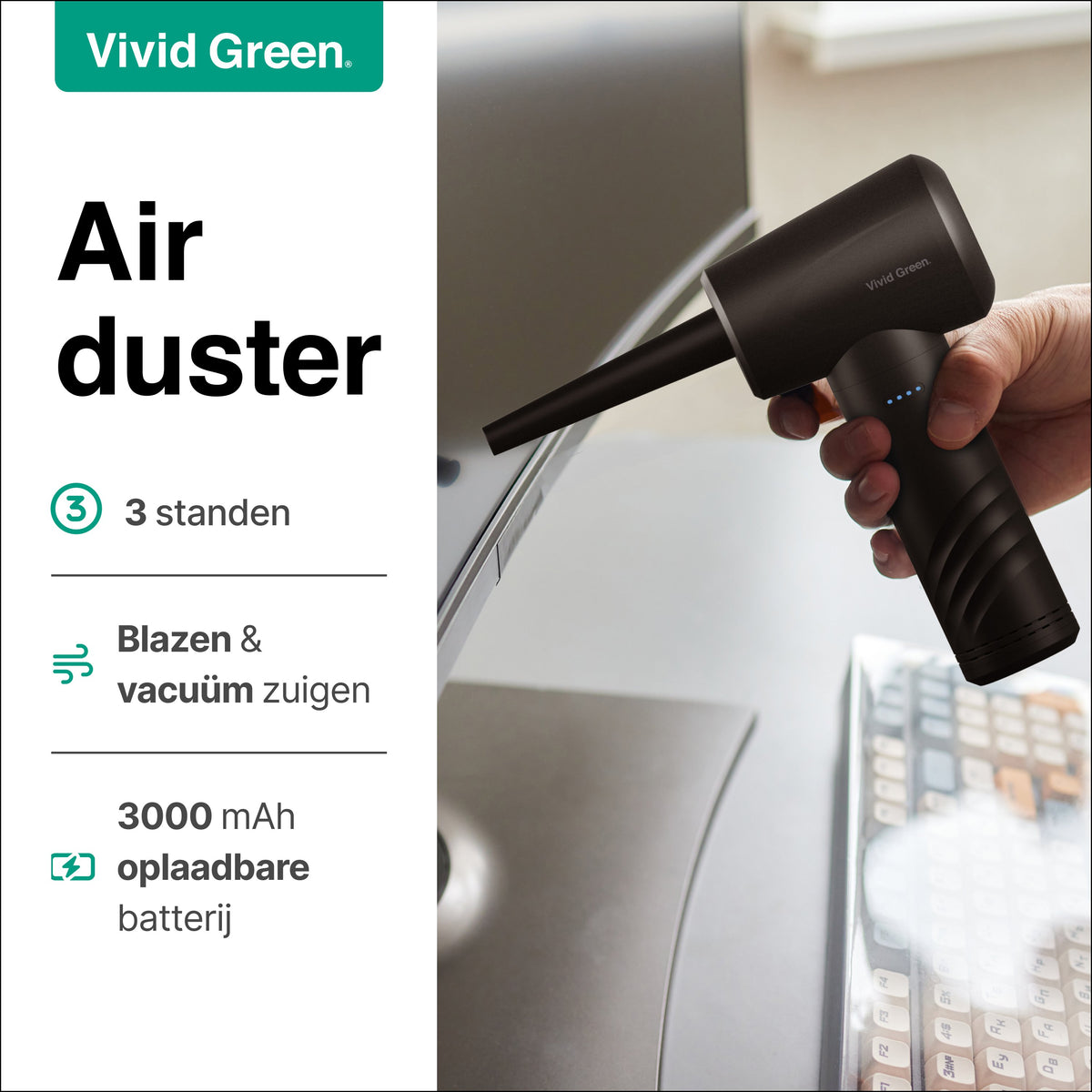Vivid Green Druckluftspray - 50.000 U/min - Kabellos und wiederaufladbar - Schwarz
