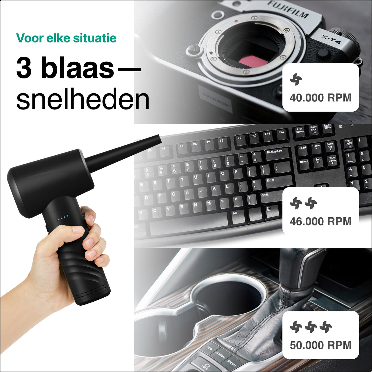 Vivid Green Druckluftspray - 50.000 U/min - Kabellos und wiederaufladbar - Schwarz