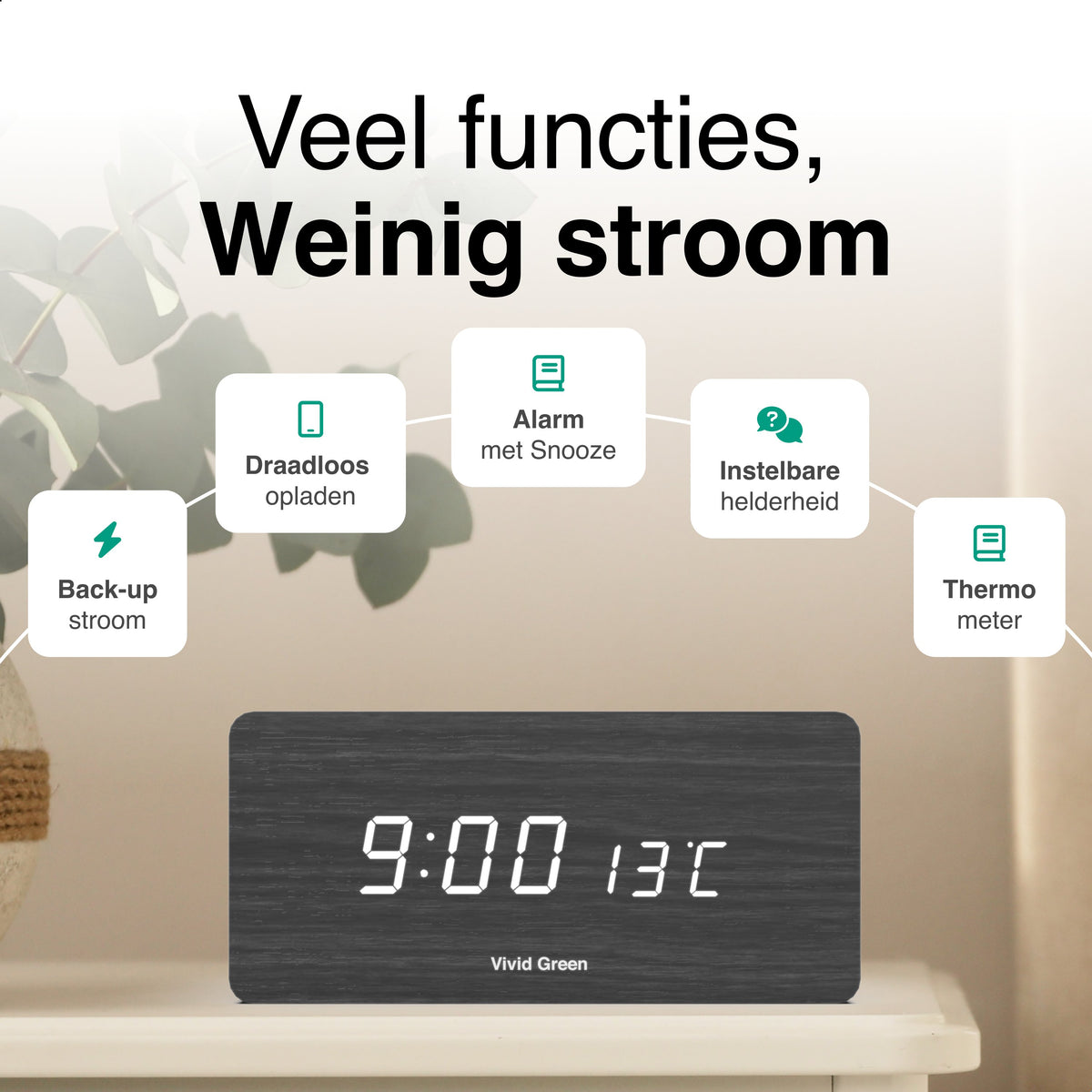 Vivid Green digitaler Wecker aus Holz mit kabellosem Laden