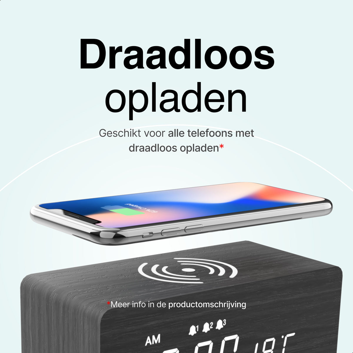 Vivid Green digitaler Wecker aus Holz mit kabellosem Laden