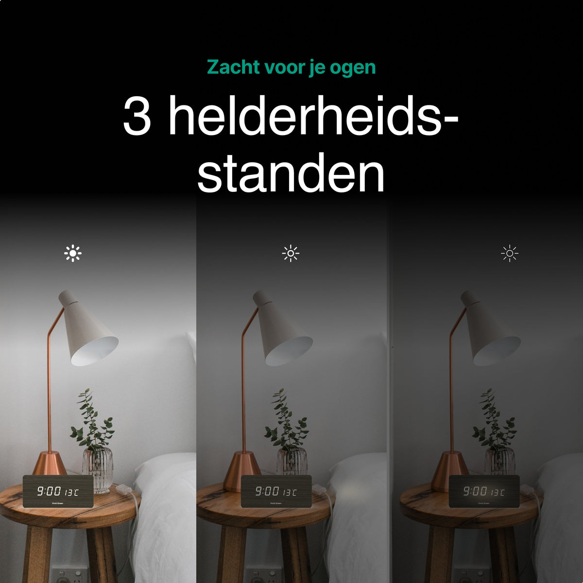 Vivid Green digitaler Wecker aus Holz mit kabellosem Laden