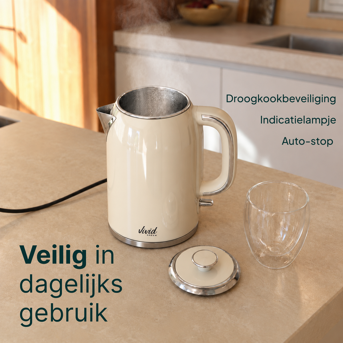 Vivid Green Luxus-Wasserkocher Retro-Design - Creme