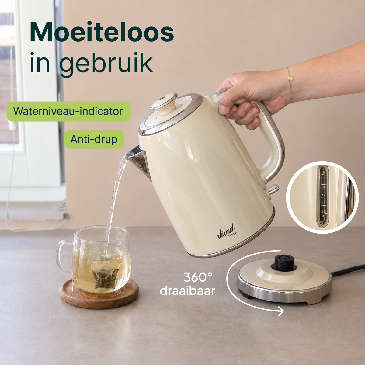 Vivid Green Luxus-Wasserkocher Retro-Design - Creme